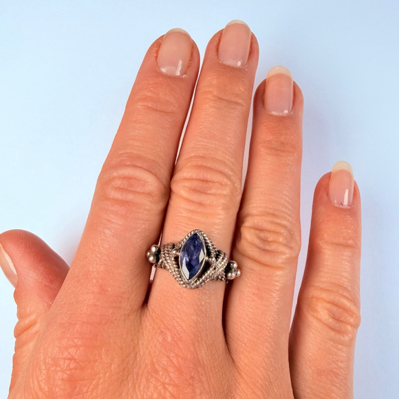 Amethyst .75 CT Solitaire Rope & Granule Sterling Silver 925 Vintage Boho Ring